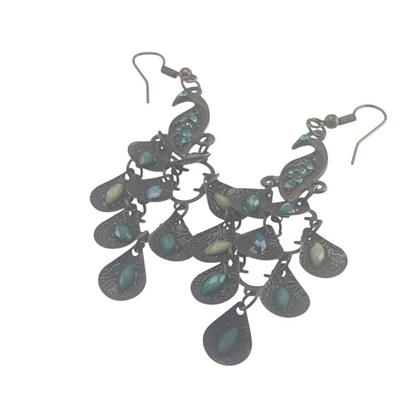 Antique-Style Bronze Peacock Dangle Earrings With Green Gem Accents 2.5" - Picture 6 of 6